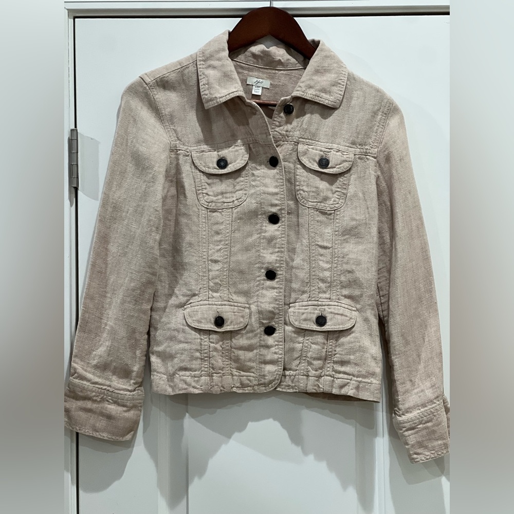 J. Jill 100% Linen Womens XS Petite Brown Tan Blazer Button Long Sleeve Jacket